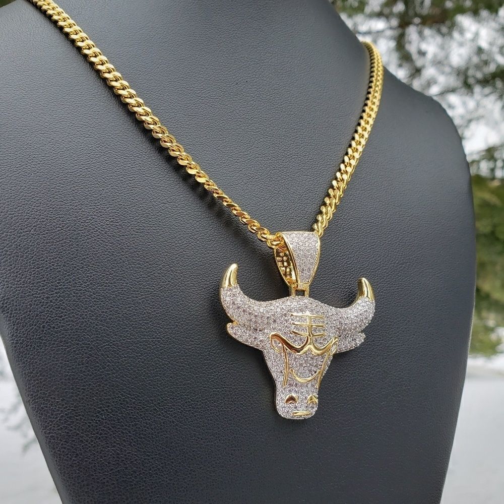 14k GP Simulated Diamond Bull Necklace - Picture 2 of 4